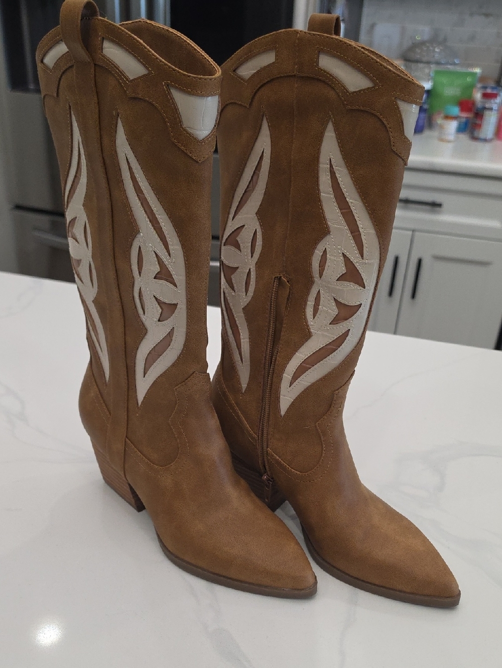 Women’s Tan Suede Western Knee-High Boots with White Stitching